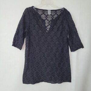 Dream Beach Womens Black Floral Lace Tunic Top V Neck Elbow Sleeve Large USA